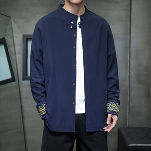 2024 autumn new Chinese wind spring and autumn linen embroidery ceramic buckle Chinese Tang suit long sleeve shirt a generation of hair