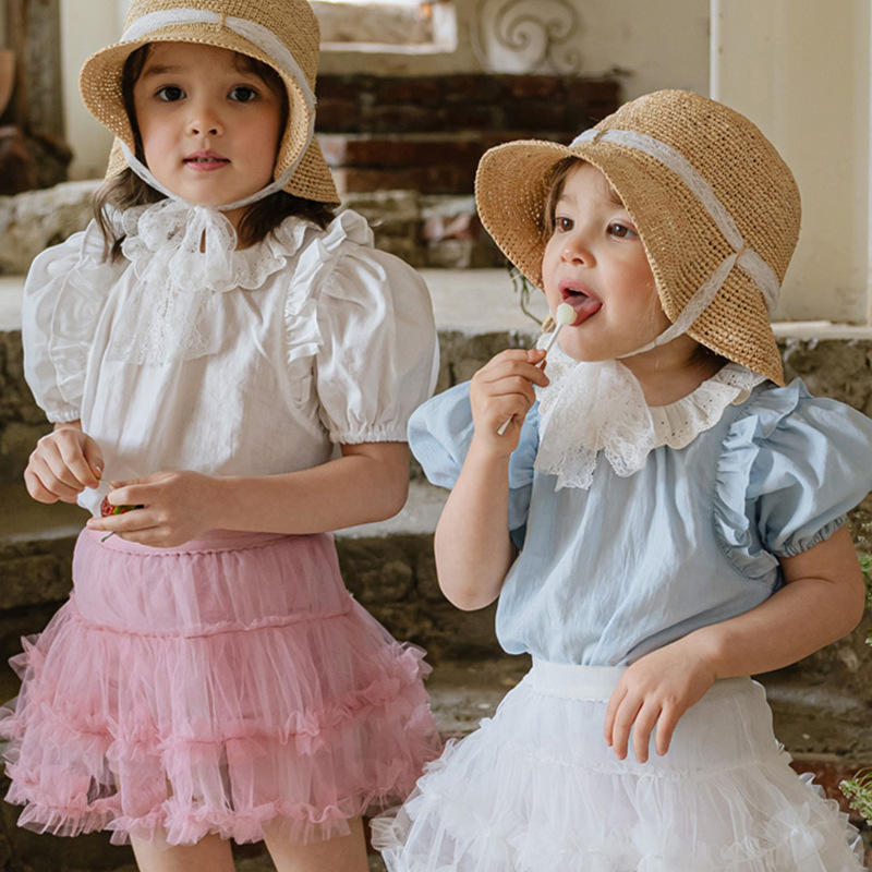 2024夏款草莓珊韩国女童女孩儿童菲边甜美可爱棉质泡泡袖衬衫预售