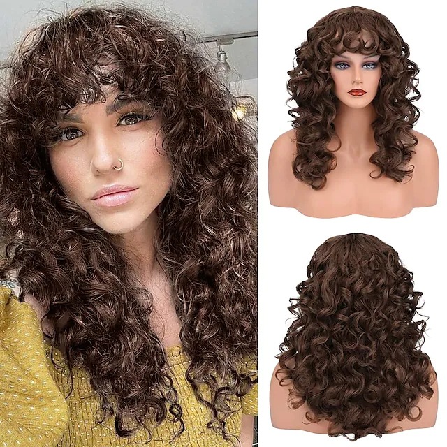 Synthetische Perücke für Damen, braunes, kleines, langes, lockiges Haar, schwarze synthetische Faser, volle Kopfbedeckung_voghion.com