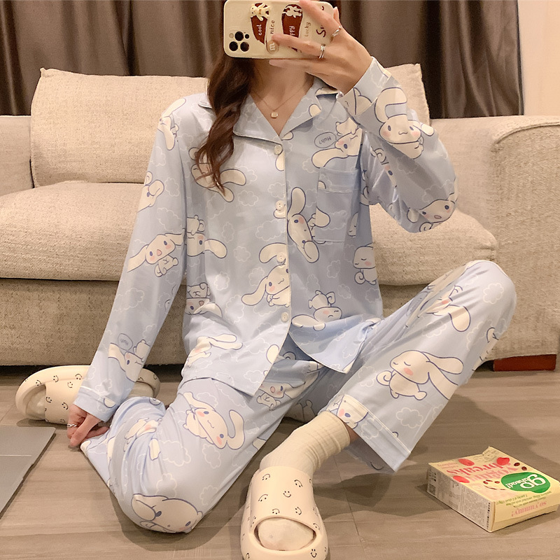 El comercio exterior de primavera y otoño pijamas algodón para las mujeres ins lindo dibujos animados solapa cardigan suelta delgada vestir prendas exteriores homewear