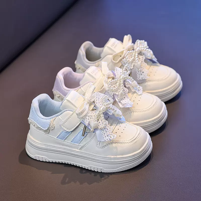 女童学院风休闲鞋2026年春夏蕾丝珍珠蝴蝶结公主运动鞋中大童板鞋