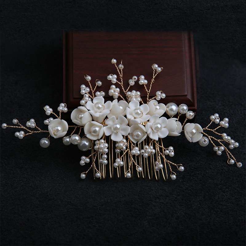 Poetic Cross-Border Bridal Wedding Dress Photo Headdress Accessories Dress Hair Comb Handmade Soft Pottery Flower Pearls Wholesale