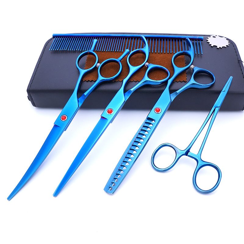 Directo de fábrica de acero inoxidable de 7 pulgadas para mascotas tijeras de belleza profesional de corte de pelo de perro tijeras curvas Teddy adelgazamiento tijeras traje