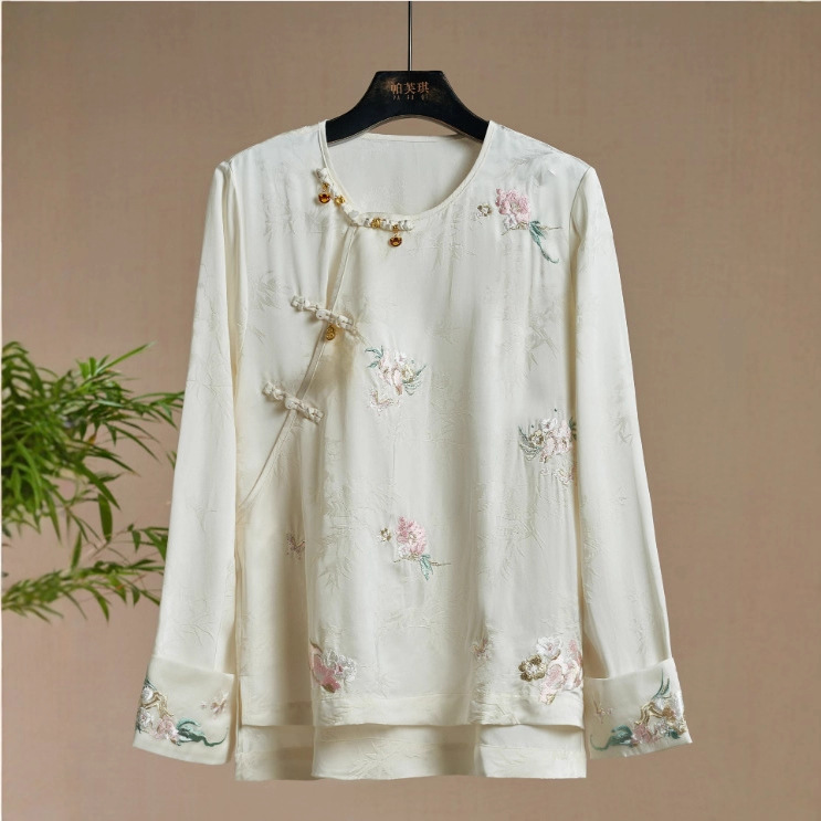 新中式轻国风印花醋酸感淡粉色春款衬衫上衣女装2024新款刺绣小衫