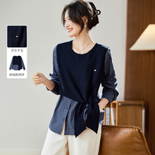 棉茧假两件格子衬衫百搭女2025秋冬装新款设计针织披肩上衣衬衣