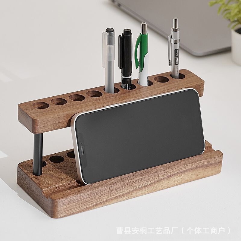 Wooden Porous Pen Holder Desktop Stationery Signature Pen Storage Rack Solid Wood Multi-Functional Integrated Mobile Phone Holder Solid Wood Pen Holder