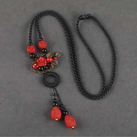 热销民族风朱砂吊坠毛衣链复古百搭个性简约时尚服装配饰长款项链