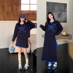 大码女装2025秋季新款高级感蝴蝶结卫衣半身裙洋气显瘦两件套