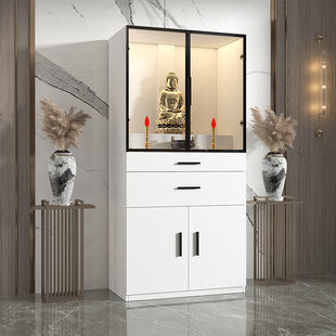 Buddhist Altar Cabinet with Glass Doors, Modern Minimalist Home Shrine for Offering Table, God of Wealth, Guanyin Buddha Statue Integrated Cabinet