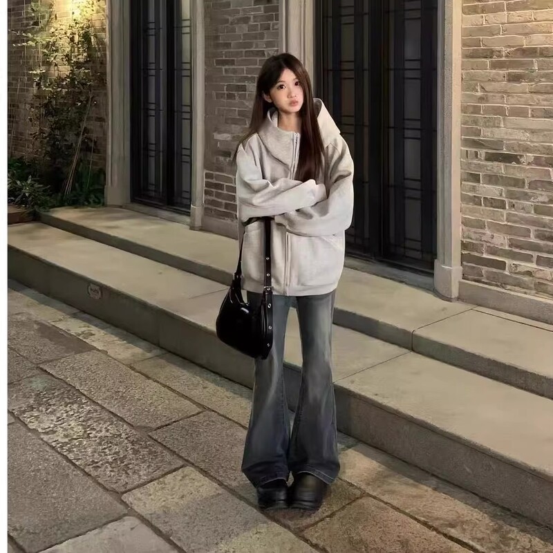 美式复古灰色高领连帽卫衣女宽松oversize慵懒风开衫学院风外套潮|undefined