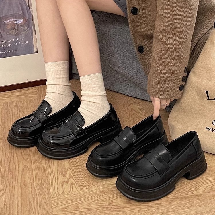 여성용 라운드 토 두꺼운 밑창 싱글 슈즈, 블랙 컬리지 스타일 스몰 가죽 슈즈, 다용도 영국 로퍼, 2025 포멀 슈즈, jk 슈즈
