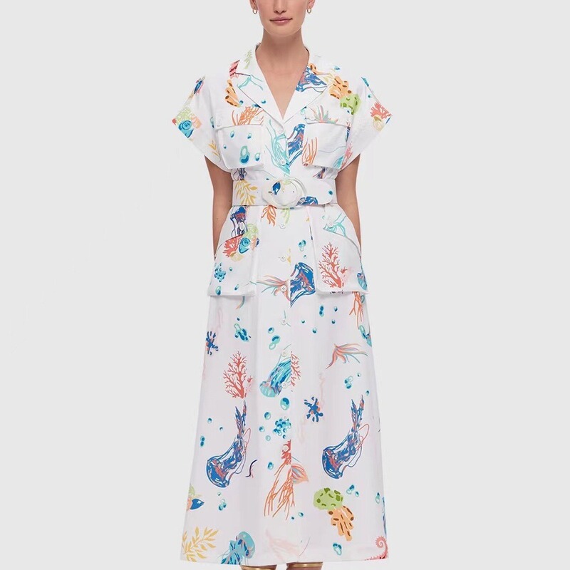 2023 early Spring and Autumn new commuter style V-neck short sleeve pocket design belt waist-tight printed long dress women