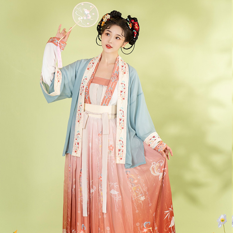Adult Hanfu Women's Song-made Half-sleeve Chinese Ancient Style Spring and Summer Daily Four-piece Long Printed Skirt Slimming Adult Hanfu Women's Song-made Half-sleeve Chinese Ancient Style Spring and Summer Daily Four-piece Long Printed Skirt Slimming