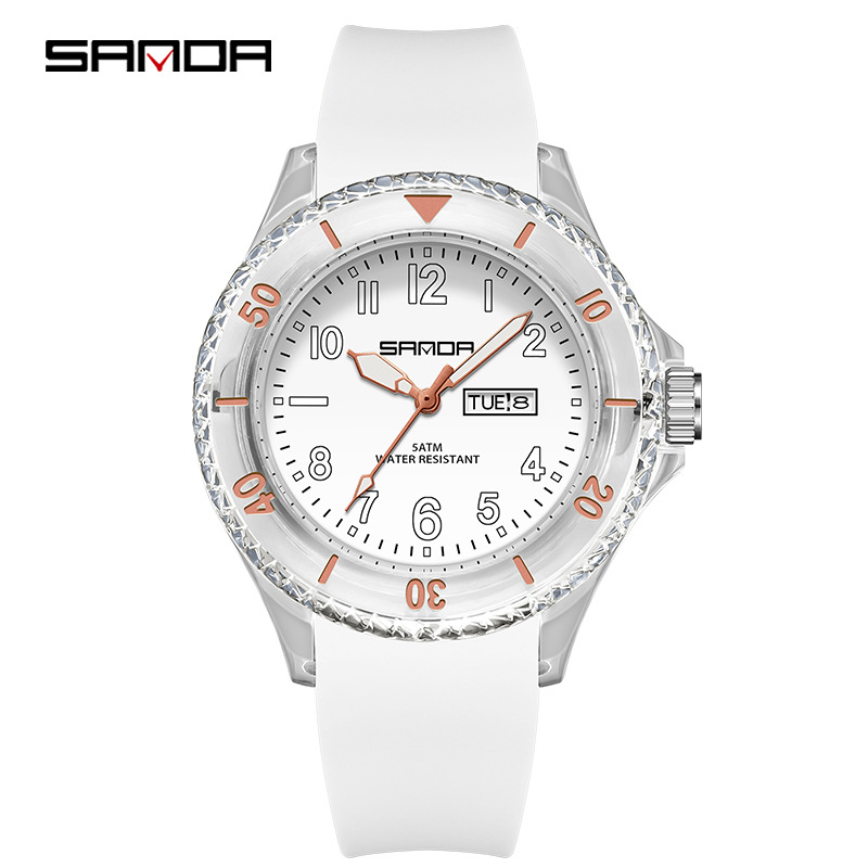 Sanda marca reloj de cuarzo al aire libre impermeable simple calendario caso transparente estudiante niños reloj 9062