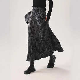 2024冬新款时尚高腰显瘦加厚丝绒褶皱肌理感伞裙半身裙女百搭