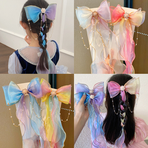 2pcs Japan South Korea children's gradient bow hairpin female fairy princess hairpin phantom color pearl lace hair accessories for girls