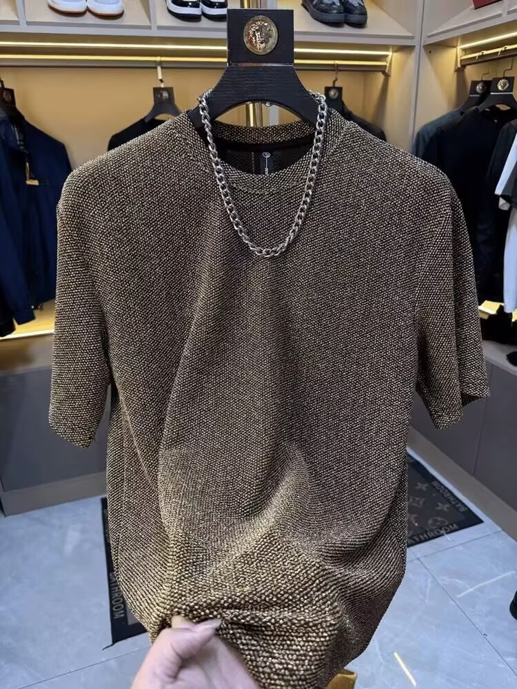 T-shirt texturé uni pour homme, manches courtes, coupe ample, épais, style américain tendance_voghion.com