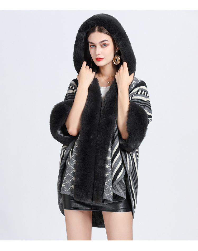 Mantella collo pelliccia grande taglia jacquard cardigan maglione cappotto donna_voghion.com