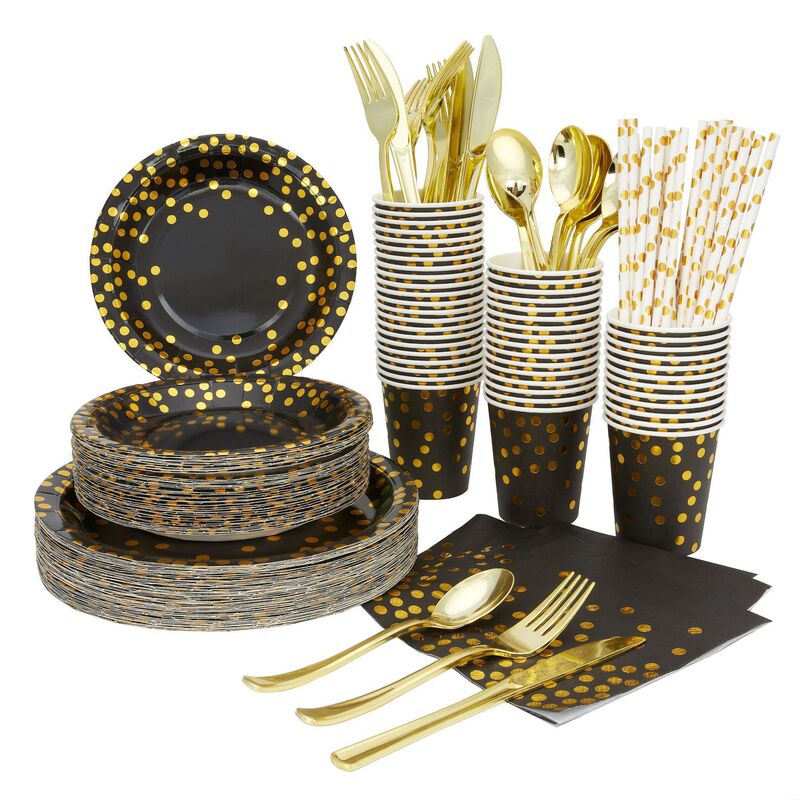 Gold Foil Black Polka Dot Tableware Paper Cups Paper Plates Gold Cutlery Napkins Party Decoration Supplies Set Birthday Gold Foil Black Polka Dot Tableware Paper Cups Paper Plates Gold Cutlery Napkins Party Decoration Supplies Set Birthday