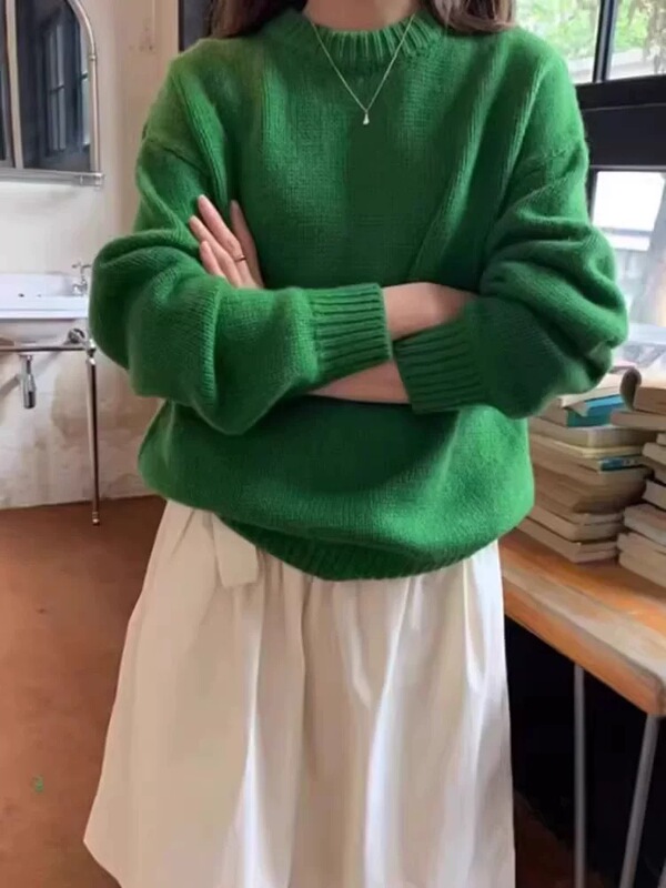紫色套头毛衣女秋冬外穿宽松慵懒风圆领上衣年新款针织衫加厚|undefined