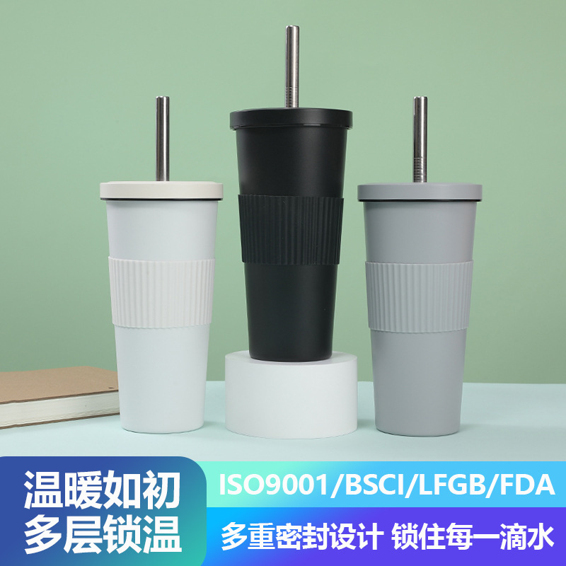 国境を越えた新しい高価値スチールカップ、シンプルなプラスチックスプレー付きステンレススチールストローカップ、ウエストカバー付き、大容量ミルクティーカップ|undefined