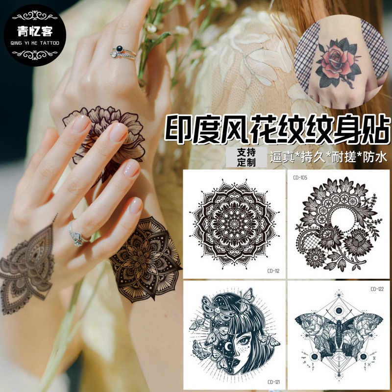Cross-Border Supply Wholesale Indian Pattern Temporary Tattoo Stickers Henna Hand Back Finger Flower Moon Fake Tattoo