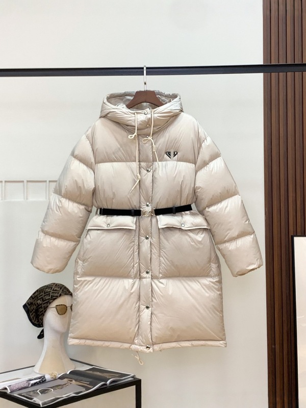 2025pra家三角标款纯色冬季新款连帽羽绒服女长款加厚外套面包服|undefined