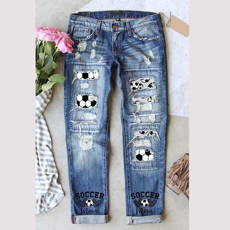 Amazon independent station wish European and American women's clothing 2023 new cross-border printing hole straight tube Denim pants women