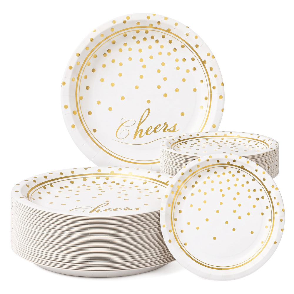 Platinum Gold Foil Cheers Paper Plates with Gold Polka Dots, Disposable Dinner Plates for Birthday and New Year's Eve Party Dessert Table