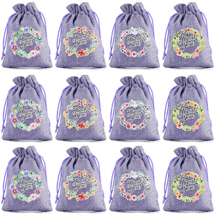 New Thankyou Linen Drawstring Pocket 12Pcs Thanksgiving Wedding Party Linen Gift Packaging Bag