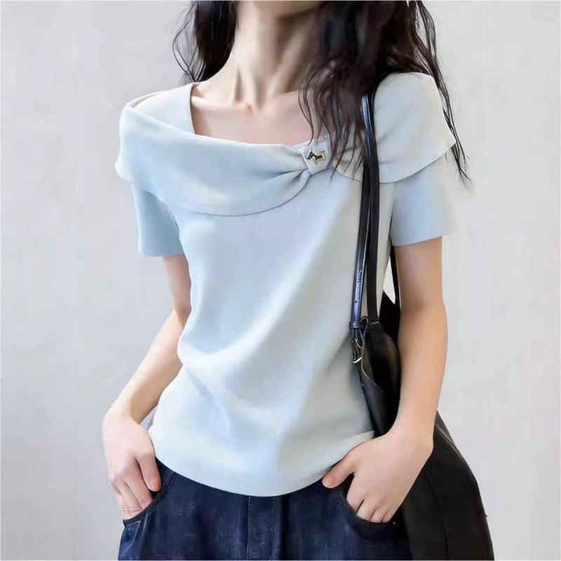 Short-Sleeved T-Shirt for Women, 2026 Summer New Style, One-Shoulder Twist Knot Solid Color Top, Stunningly Beautiful Short Top Short-Sleeved T-Shirt for Women, 2026 Summer New Style, One-Shoulder Twist Knot Solid Color Top, Stunningly Beautiful Short Top