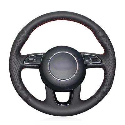 Steering wheel cover, Manufacturer Wholesale Cross-Border Hand-Stitched Handlebar - genuine-leather-hand-stitched-steering-wheel-cover-black-hole-on-both-sides-black-line