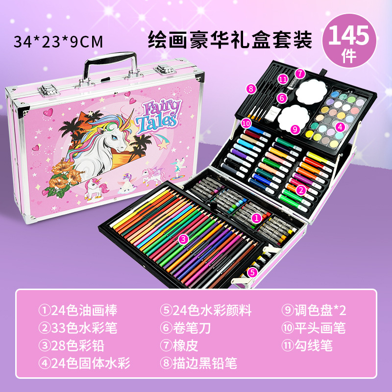 145 Animal World caja de regalo de doble capa para niños dibujo conjunto de herramientas de dibujo pincel herramientas de pincel de color para estudiantes de primaria