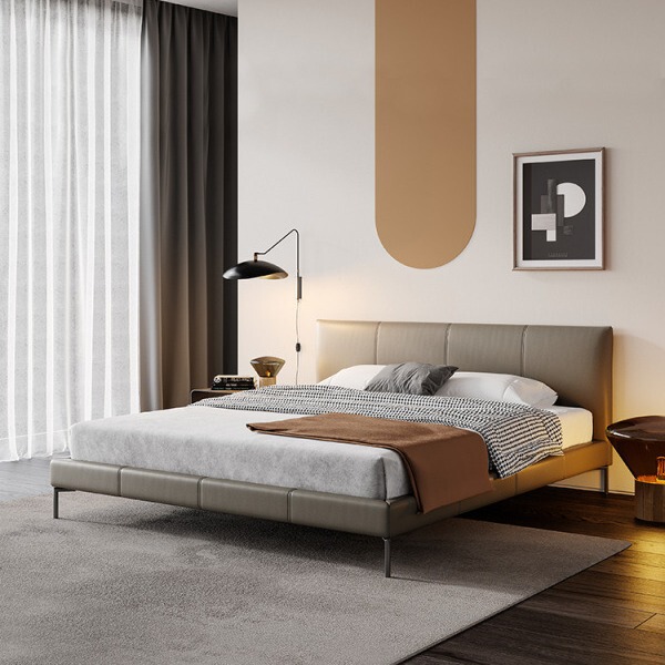 Italian Normcore Leather Bed Modern Simple Italian Normcore Bed Master Bedroom Small Apartment Bedroom First Layer Cowhide Double Bed