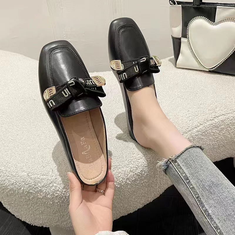 Summer New Square Toe Flat Single Shoes Net Red Sandals And Slippers Baotou Half Slippers Women S Outerwear Lazy Muller Shoes_voghion.com