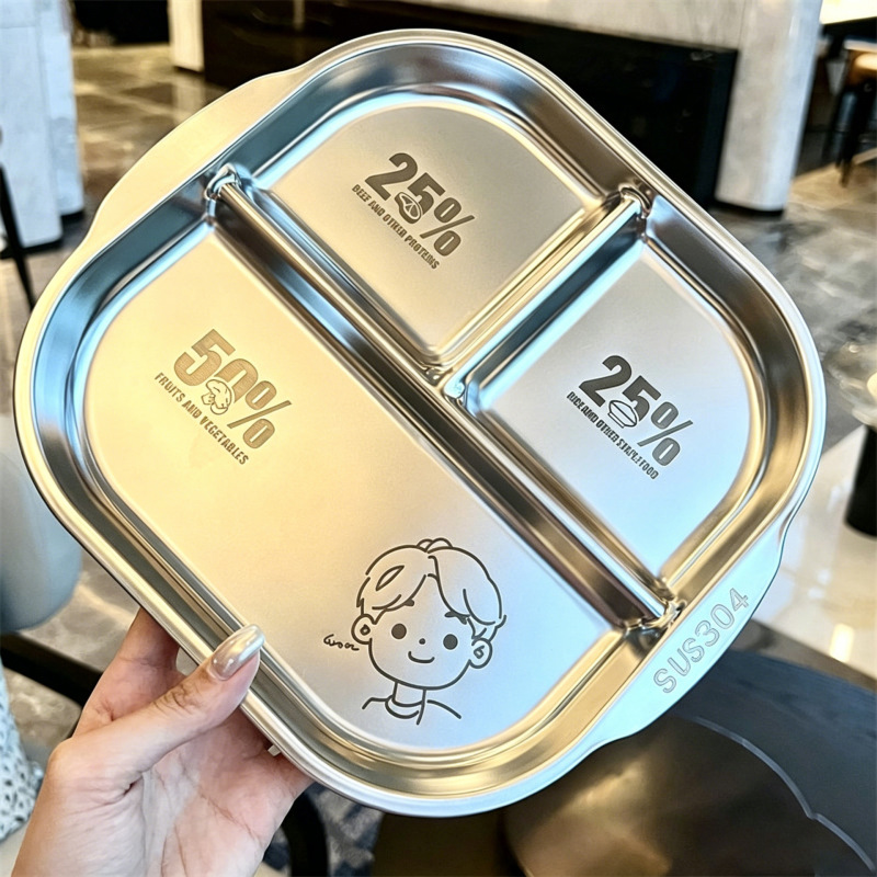 304 Stainless Steel Divided Plate, Anti-Fall, Thickened, Three-Compartment Student Dining Plate, Portion-Controlled Meal Sharing Plate 304 Stainless Steel Divided Plate, Anti-Fall, Thickened, Three-Compartment Student Dining Plate, Portion-Controlled Meal Sharing Plate