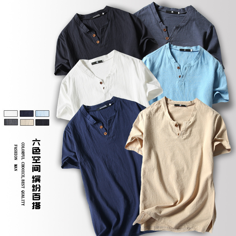 Factory Wholesale 2025 New Japanese-Style Linen Short-Sleeve T-Shirt for Men, Cotton-Linen Half-Sleeve Solid Color Large Size Two-Button T-Shirt Factory Wholesale 2025 New Japanese-Style Linen Short-Sleeve T-Shirt for Men, Cotton-Linen Half-Sleeve Solid Color Large Size Two-Button T-Shirt