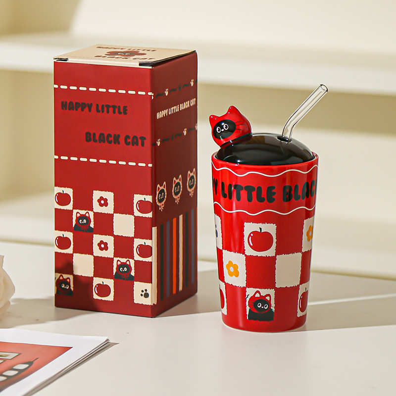 Caricatura gatito taza de paja hermosa taza de alto valor facial taza de agua taza de gran capacidad con cubierta de regalo
