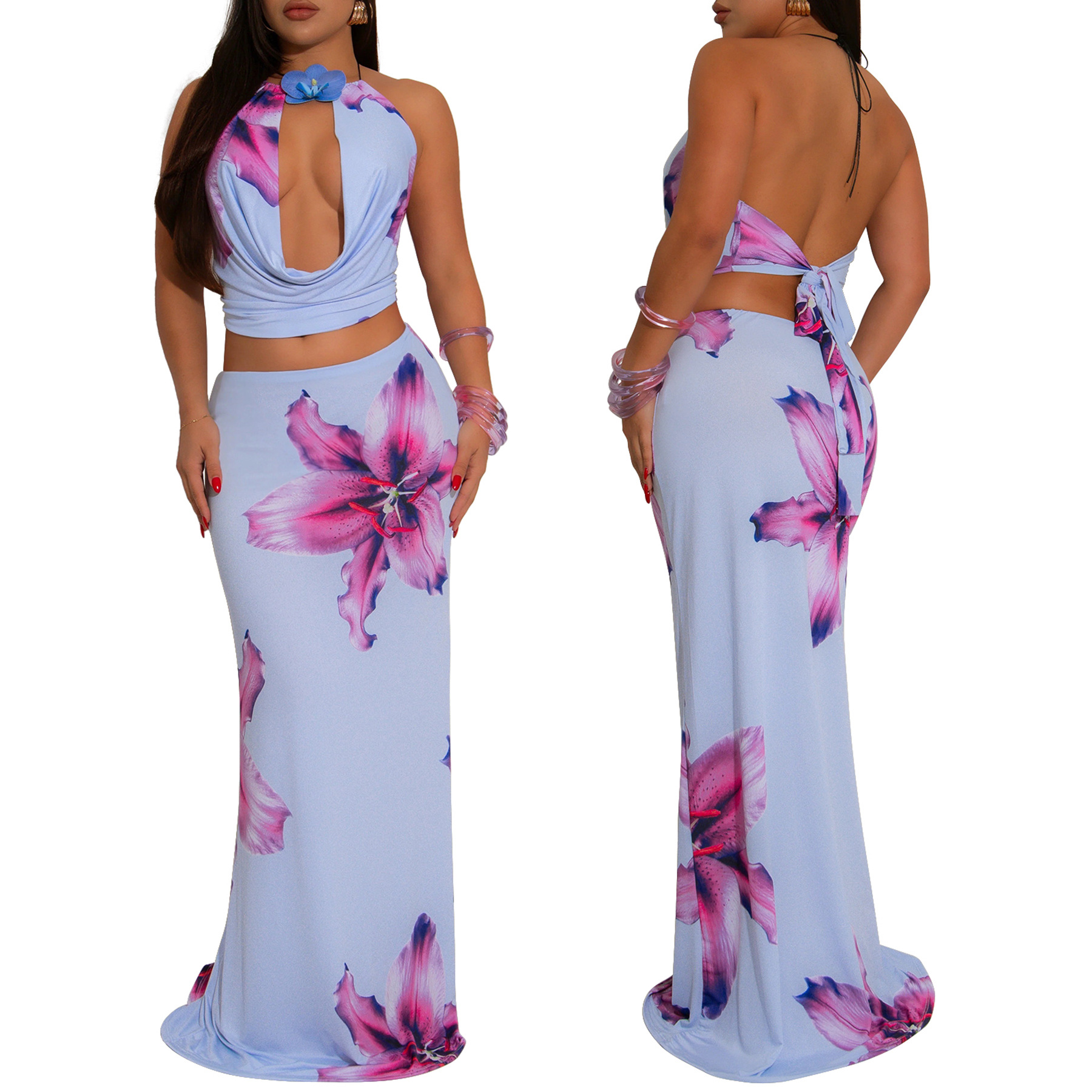 402g Weight Sleeveless Sleeve Length Polyester Fabric Type Skirt Co-ord Set Sets Type 2 Pieces Set Quantity Casual, Holiday Occasion Halter Neck Neckline Slim Fit Type Flower Pattern Summer Season Women's Gender Sexy, Streetwear Style Casual Holiday Women's Sexy Streetwear Flower Polyester Skirt Co-ord Set Skirt Sets 1