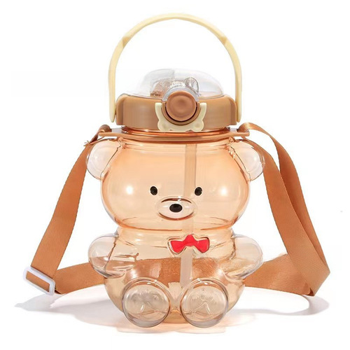 Plastic water cup cute bear large capacity student high-quality appearance straw double drinking cup for children summer outdoor crossbody water bottle