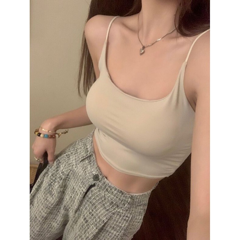 Hot Girl Ice Silk Vest One-piece No-mark Fixed Chest Pad Cleats Beauty Back Inner Wearing Outer Wearing Underwear Women's Summer