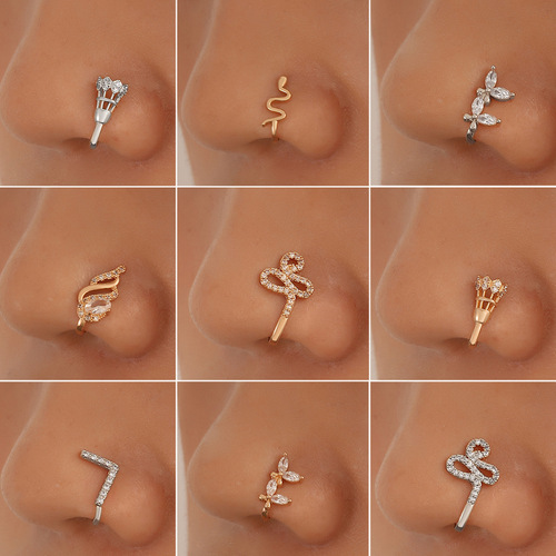 European and American non-perforated geometric U-shaped nose clip copper inlaid zircon letter butterfly snake-shaped nose ring fake nose piercing jewelry