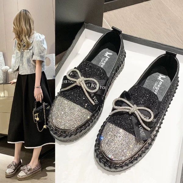 Fashionable Women's Casual Shoes 2025 Autumn and Winter New Style Shallow Mouth Hand-Sewn Loafers Korean Style Rhinestone Sneakers