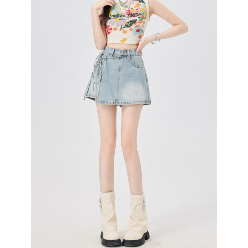2026 New Style Denim Shorts for Women, Spring and Summer, High-Waisted, Slimming A-Line Skirt Shorts, Faux Two-Piece