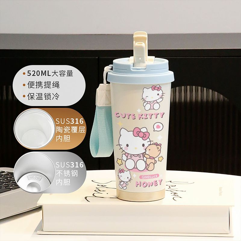 新款童趣咖啡杯316不锈钢保温杯卡通带吸管杯子双饮高颜值喝水杯|undefined