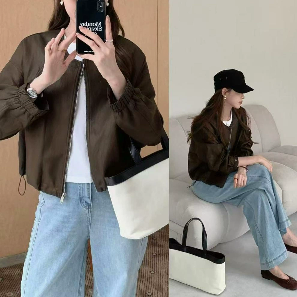 Demi-season retro polyurethane jacket with a round collar, Korean style