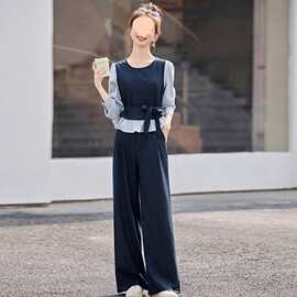 时尚流行超火套装女2026春秋新款长袖衬衫拼接马甲阔腿长裤两件套