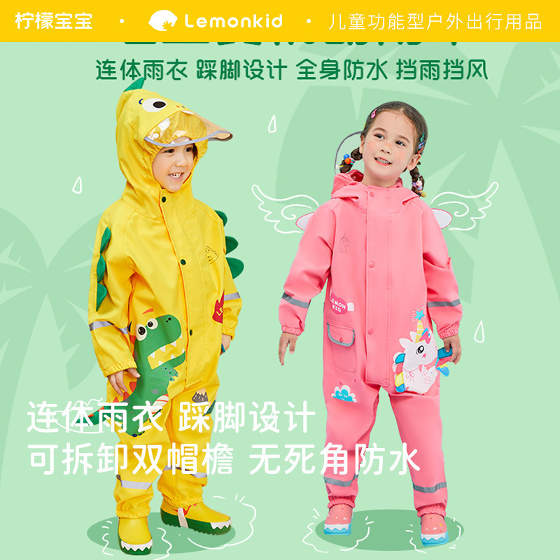 Lemon Baby Kidsren's Raincoat One-Piece Boy Girl Primary School Student Kindergarten Dinosaur One-Piece Raincoat Baby Rain Gear