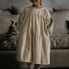 2023 Autumn/Winter Children's Retro Corduroy Dress with Bubble Sleeves, Splicing and Pleated Design, Long-length for Girls