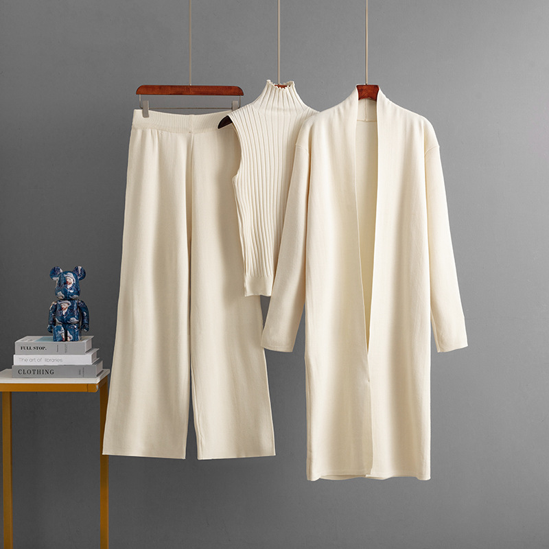 跨境Temu爆款纯色三件套针织套装无袖背心+毛衣开衫+裤子三件套女